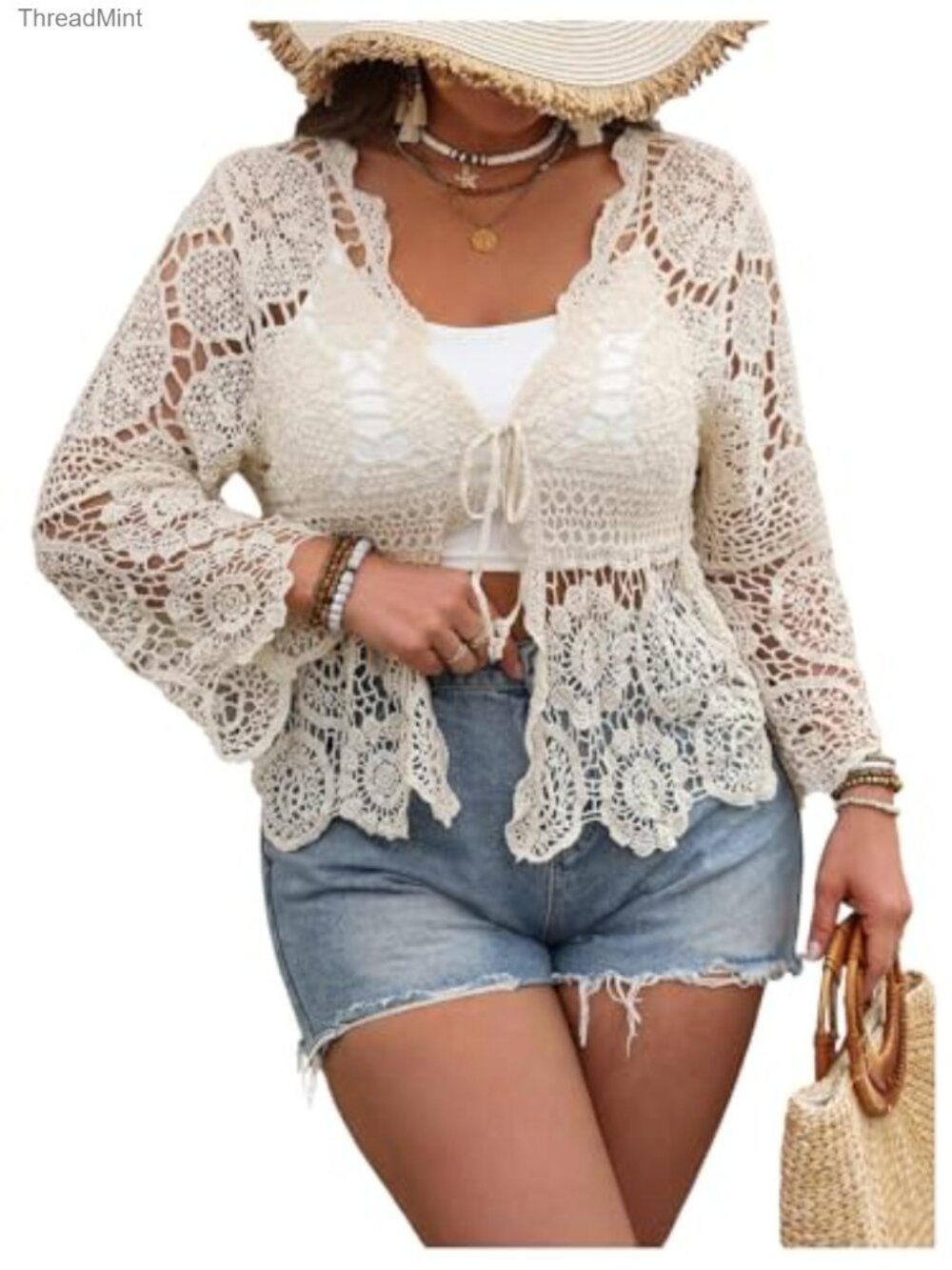 Plus Size Crochet Knit Cardigan Sheer V Neck Long Sleeve Lightweight